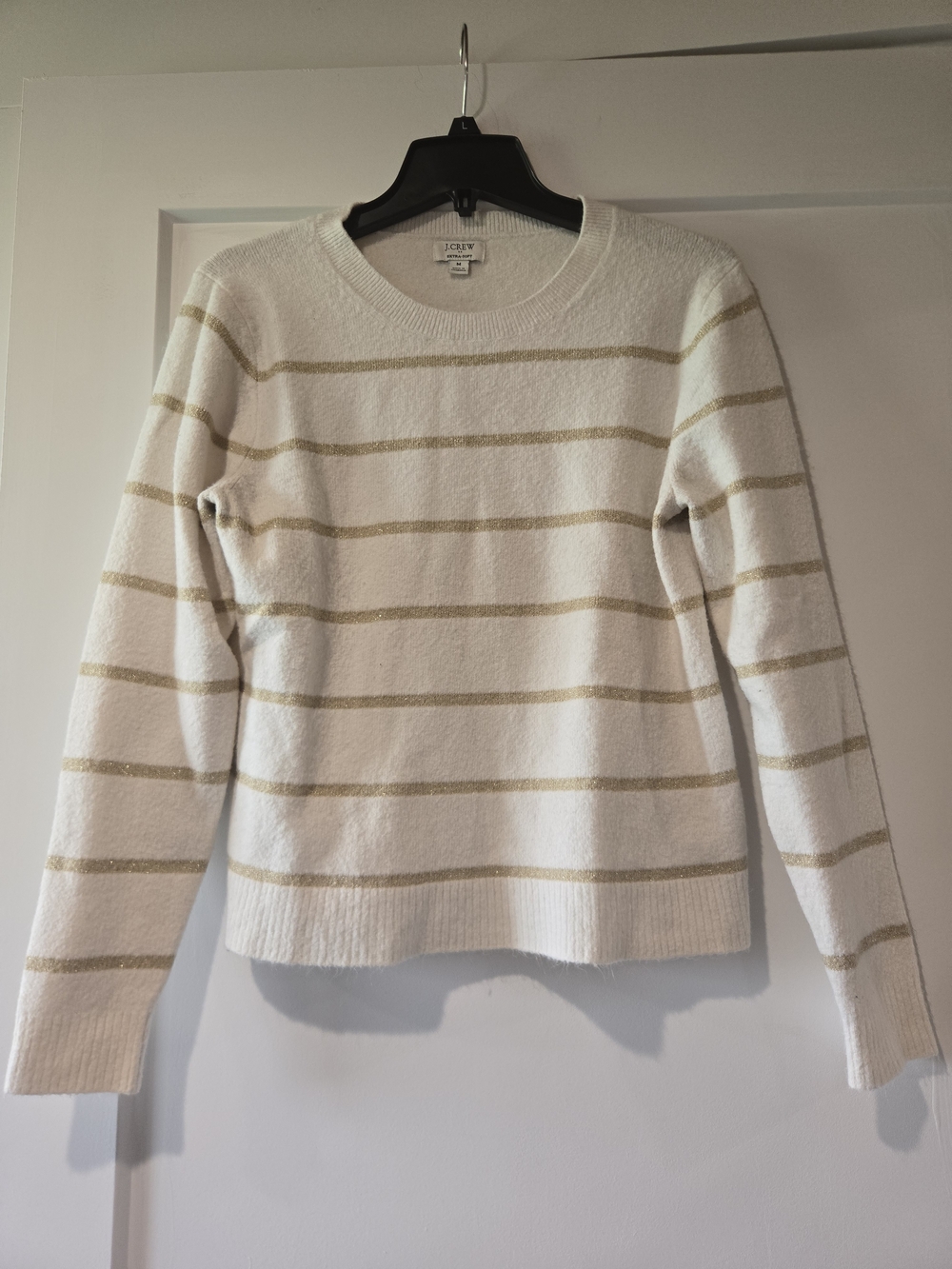 J. Crew White Crewneck Sweater with Gold Stripes